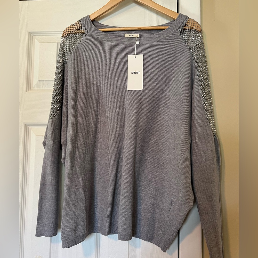 Moevy Gray Women's Sweater with rhinestones shoulder